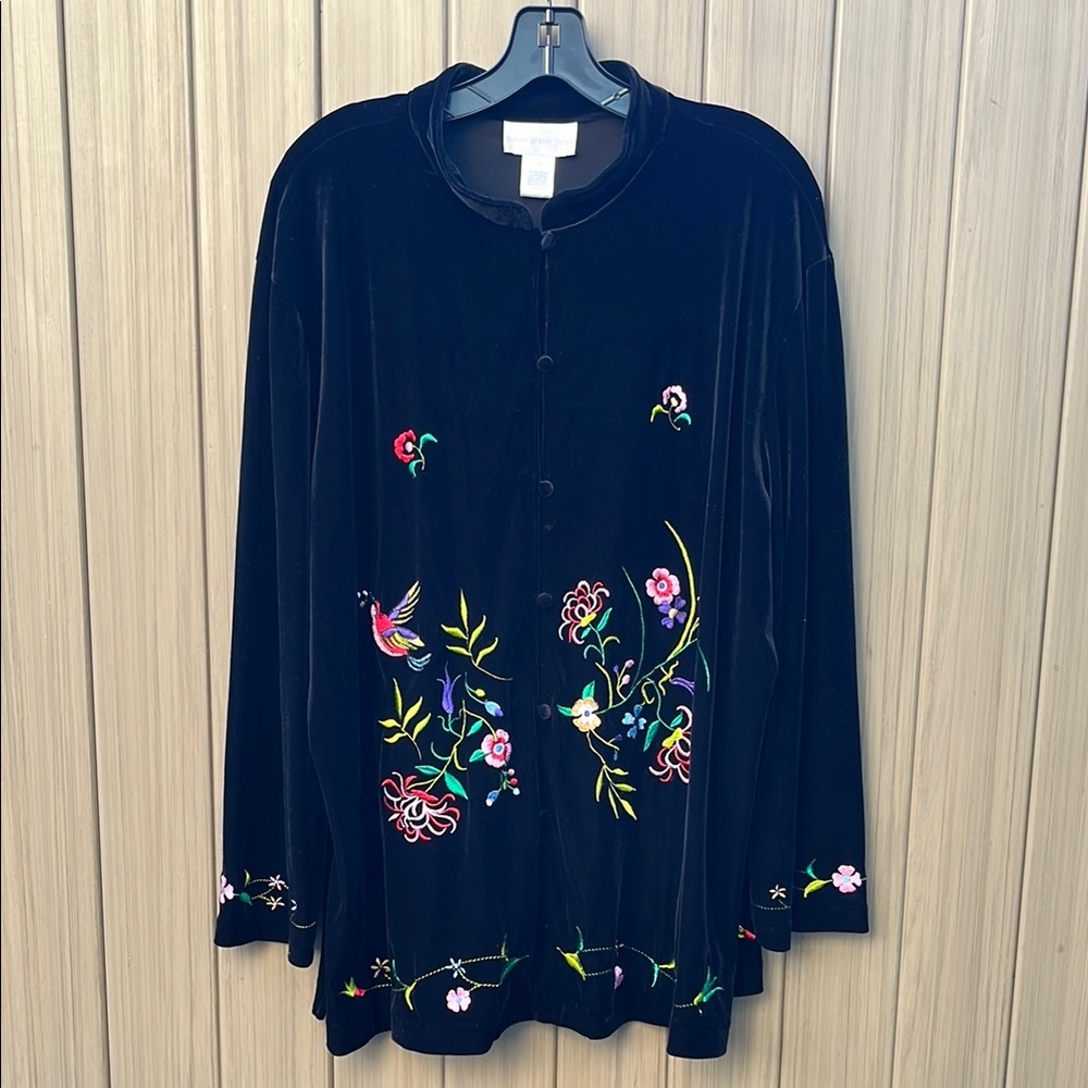 Susan‎ Graver Women's Velvet Embroidered Jacket Cardigan 1X Boho Asian Birds